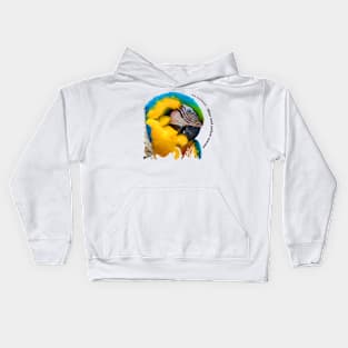 Blue and yellow macaw tropical bird pin black text Kids Hoodie